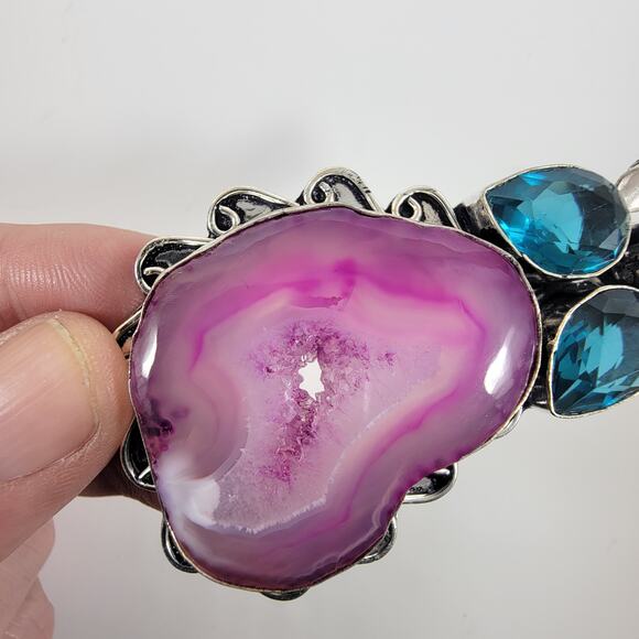 Handmade Silver Pendant with Pink Agate Druzy and Blue Topaz - Picture 6 of 10